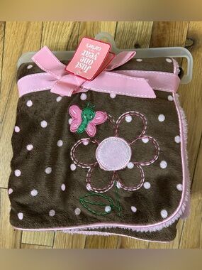Carter's Brown and Pink Polka Dot Baby Blanket with Flower & Butterfly Applique